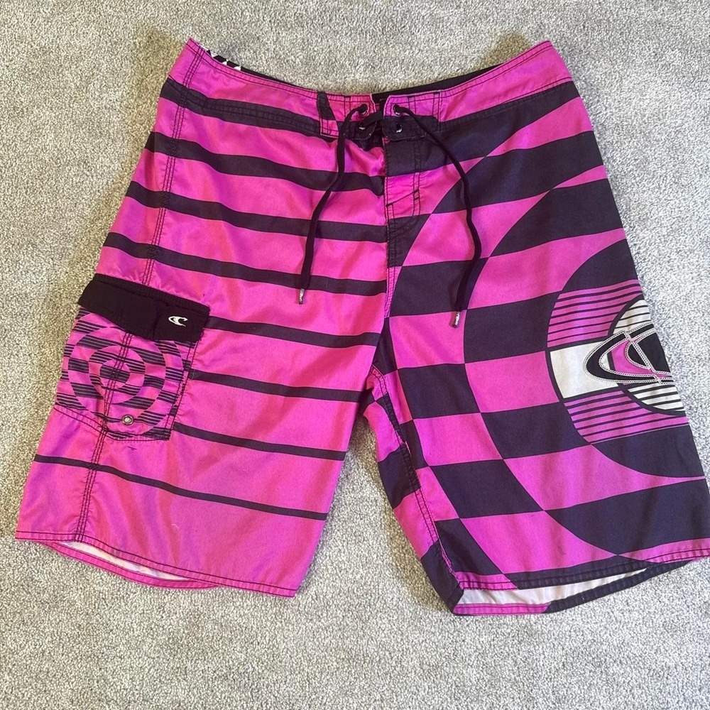 Rare O'Neill Board Shorts Pink Black Striped Surf Beachwear Swim Shorts